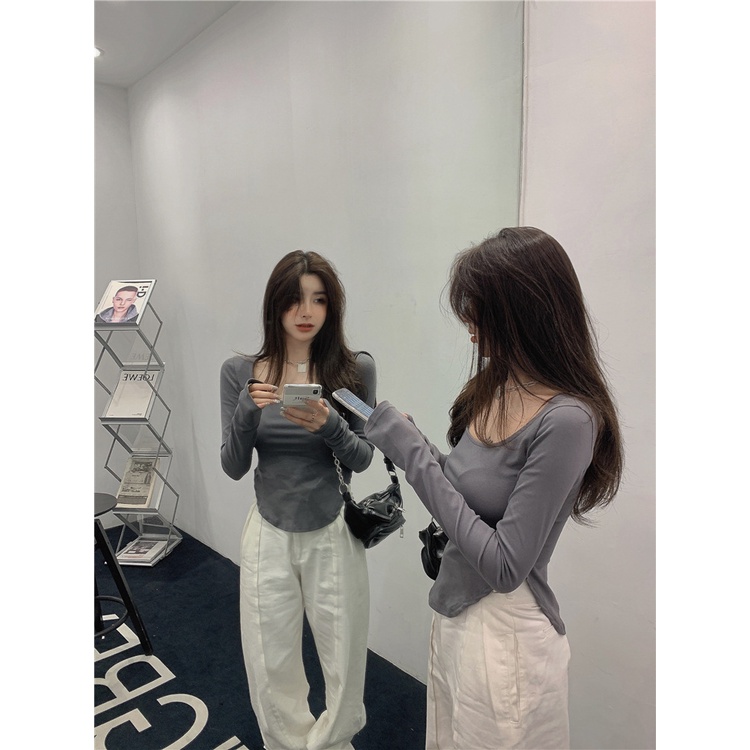เสื้อตัวในแขนยาวผู้หญิงฤดูใบไม้ร่วงและฤดูหนาวลำลองขนาดใหญ่uเสื้อคอปกนักเรียนเข้ารูปแบบบางใส่ด้านในดูผิดปกติtเสื้อ