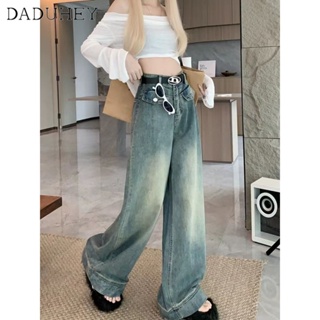 DaDuHey🎈 Womens American Style Washed-out Blue Jeans Straight-Leg All-Match Mopping High Waist Wide Leg Fashion Loose Long Pants