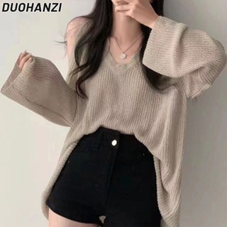 Duohanzi เสื้อกันหนาว คอวี แขนยาว เปิดไหล่ ผ้าถัก ลายทาง สไตล์เกาหลี สําหรับผู้หญิง