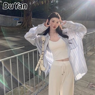 Du Yan เสื้อเชิ้ตโปโล แขนยาว ลายทาง ทรงหลวม กันแดด สําหรับผู้หญิง