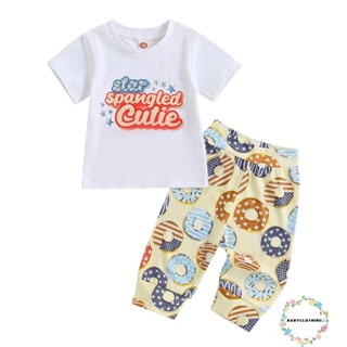 Babyclothes- ชุดเสื้อยืดคอกลม แขนสั้น พิมพ์ลายตัวอักษร และกางเกงขายาว ลายทาง แฟชั่นฤดูร้อน สําหรับเด็กผู้หญิง