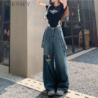 DaDuHey🎈 American Style Retro Design Ripped Denim Suspender Pants Womens Loose Wide Leg Ripped All-match Casual Wide Leg Mop Pants