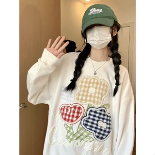 8179# embroidered sweatshirt Womens plaid patch art student loose casual long-sleeved sweater