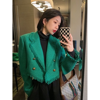 French Coat Womens 2022 Spring and Autumn Short Tassel Elegant Green Ladies Light Luxury Top Small All-match