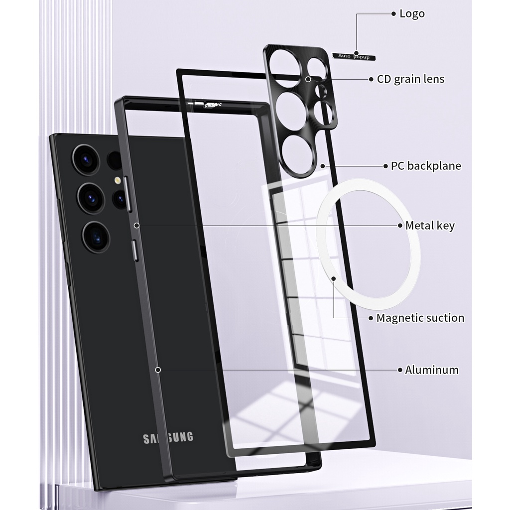 เคสโทรศัพท์มือถือ-อะคริลิคใส-ป้องกันกล้อง-แบบเต็มตัว-แม่เหล็ก-สําหรับ-samsung-galaxy-s23-ultra-s22-plus