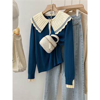 เสื้อกันหนาวแขนยาว คอตุ๊กตา ให้ความอบอุ่น สีคอนทราสต์ สไตล์ตะวันตก