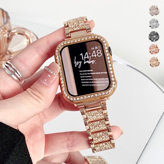 สายนาฬิกาข้อมือสเตนเลส ประดับเพชร พร้อมสายคล้อง สําหรับ Smart Watch Series 8 7 41 มม. Ultra 49 มม. 45 มม. iwatch 8 se 6 5 4 3 40 44 มม. 38 42 มม.
