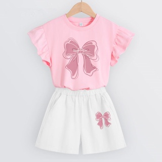 Girls summer suit, big boy loose, lovely princess pink, childrens summer bow top and trousers.