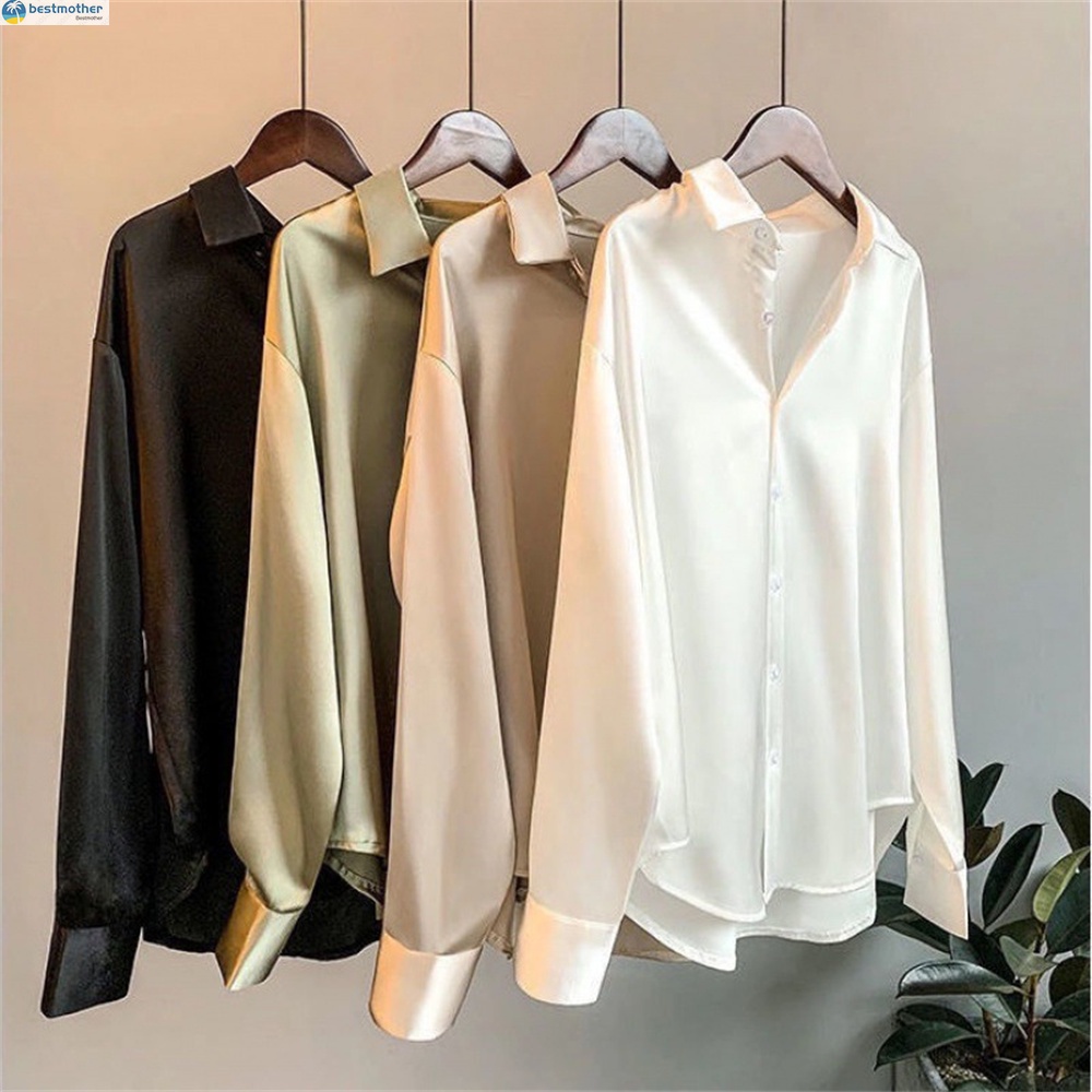 เสื้อเชิ้ต-ผ้าซาติน-แขนยาว-คอวี-ทรงหลวม-ลําลอง-สําหรับผู้หญิง