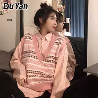 Du Yan เสื้อแจ็กเก็ตกันหนาว คอวี ผ้าถัก สีชมพู สไตล์ญี่ปุ่น สําหรับผู้หญิง