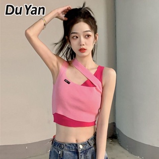 Du Yan เสื้อท็อปส์ ผู้หญิง หวาน สาวฤดูร้อน สีชมพู ปลอม สองชิ้น เสื้อชั้นในสตรี เพาะปลูกด้วยตนเอง ส่วนสั้น ไม่สม่ําเสมอ เชือกแขวนคอ ด้านบน สําหรับแจ๊กเก็ต