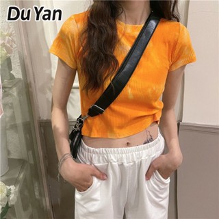 Du Yan เสื้อยืดแขนสั้น เข้ารูป โชว์สะดือ สีมัดย้อม แฟชั่นฤดูร้อน สําหรับผู้หญิง