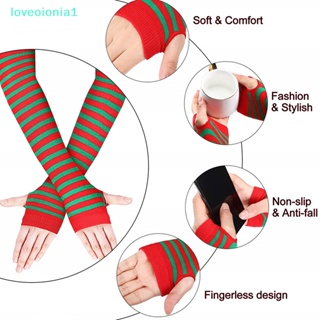 Loveoionia1 ถุงมือยาว ผ้าถัก ลายทาง ไร้นิ้วหัวแม่มือ ให้ความอบอุ่น เหมาะกับปาร์ตี้คริสต์มาส สําหรับผู้หญิง