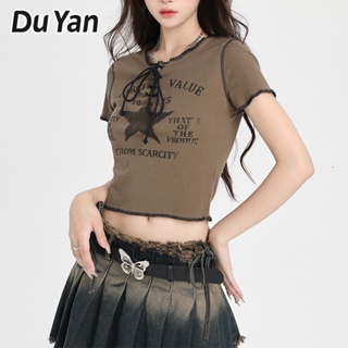 Du Yan เสื้อยืดแขนสั้น คอปก พิมพ์ลายดาว สไตล์อเมริกัน แฟชั่นฤดูร้อน สําหรับผู้หญิง