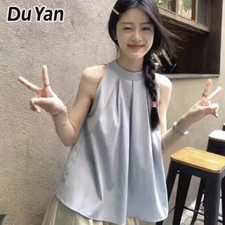 Du Yan เสื้อแขนกุด คอผูกเชือก สไตล์เกาหลี ฤดูร้อน ออกแบบใหม่ เก๋ไก๋ จีบรอบ สีฟ้า สําหรับผู้หญิง