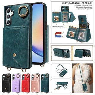 เคสหนัง ฝาพับ พร้อมช่องใส่บัตร 360 สําหรับ Samsung A54 A34 A24 A25 A14 A73 A53 A33 A23 A13 4G 5G° สายคล้องแหวน