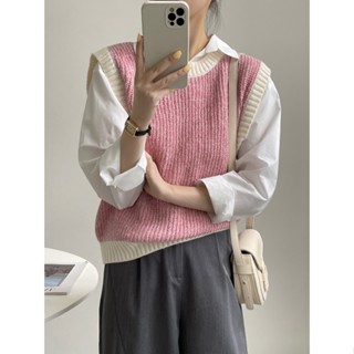 เสื้อกันหนาว คอกลม ทรงหลวม สีตัดกัน สไตล์เกาหลี แฟชั่นใหม่ สําหรับผู้หญิง ASKT