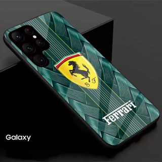 【พร้อมส่ง】เคสโทรศัพท์มือถือแบบแก้ว ลายโลโก้รถยนต์ Ferrari สีเขียว สร้างสรรค์ สําหรับ Samsung S23 Ultra S22 S21 Plus FE S22ultra