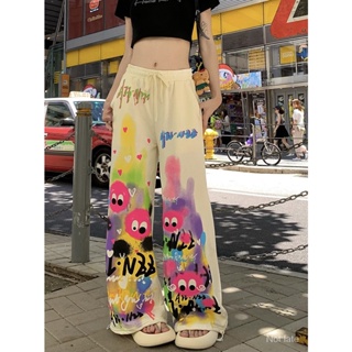 Graffiti พิมพ์กางเกงลำลองผู้หญิงเอวสูง Drawstring ขากว้างฤดูร้อนดูผอมกางเกง Mop SH31187