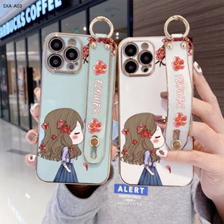 Compatible With Samsung Galaxy A04 A04S A04E A03 A03S A54 A14 A13 Core 5G เคสซัมซุง สำหรับ Case Lovely Girl เคส เคสโทรศัพท์ เคสมือถือ Wrist Strap Electroplating TPU Cases