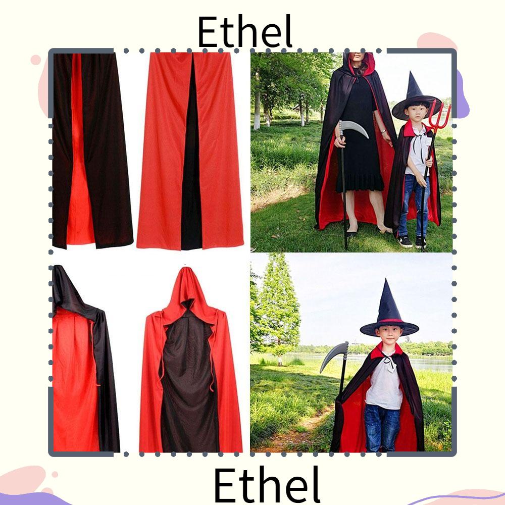 ethel1-เสื้อคลุมแวมไพร์-เครื่องแต่งกายแฟนซี-หมวกพ่อมด-มีหมวกสองด้าน-สีดํา-สีแดง-สําหรับผู้ใหญ่-เด็ก