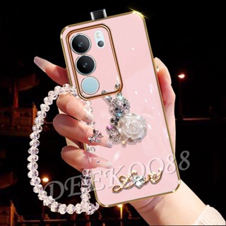 เคสโทรศัพท์มือถือ ปิดด้านหลัง ประดับเพชร ลายดอกไม้ กระต่ายภาษาอังกฤษ พร้อมสายคล้องข้อมือ สําหรับ VIVO V29 5G VIVOV29 2023