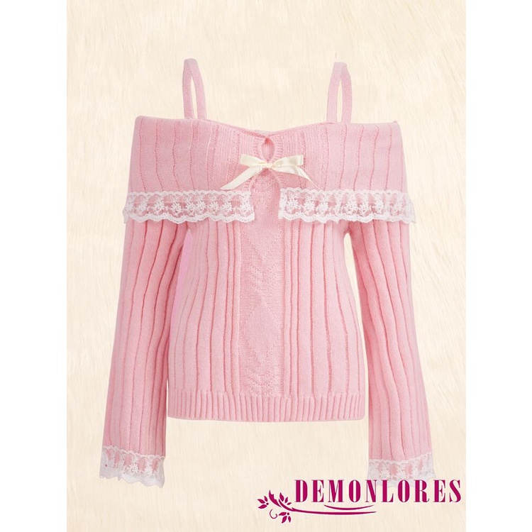 demonlorest-เสื้อกันหนาวแขนยาว-ผ้าถัก-ประดับโบว์ด้านหน้า-สีคอนทราสต์-สําหรับผู้หญิง