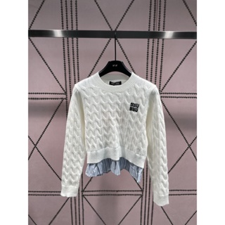 WDPX MIU MIU 23 autumn and winter New round neck pullover knitted fake two-piece design sweater womens hem striped stitching cuffs
