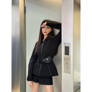 SUZG PRA * A 23 autumn and winter New triangle decorative hooded coat casual sports style waist with belt waist waist slimming