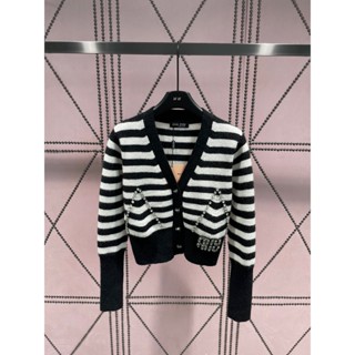 YPGQ MIU MIU 23 autumn and winter New Heavy Industry striped color matching cardigan sweater design letter diamond buttons fashion all-match