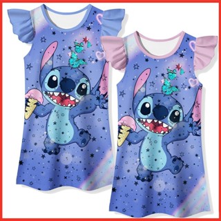 Baju Stitch ชุดเดรสเจ้าหญิง แขนระบาย พิมพ์ลายการ์ตูน สําหรับเด็กผู้หญิง