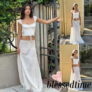 Blessedtime- เสื้อครอปท็อป คอสี่เหลี่ยม แต่งลูกไม้ สีขาว แฟชั่นฤดูร้อน สําหรับผู้หญิง