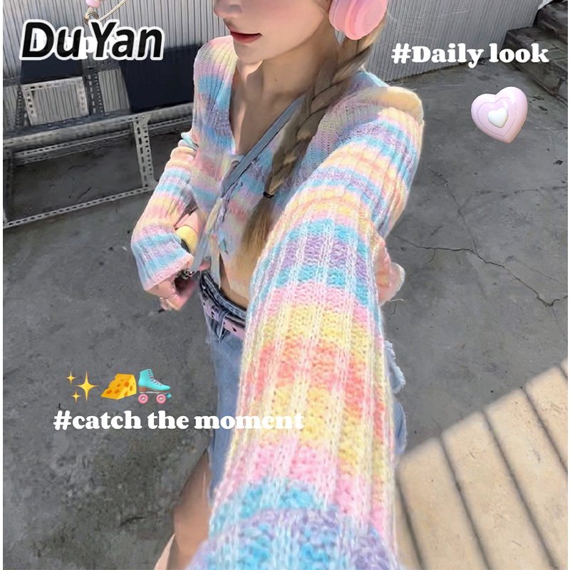 du-yan-เสื้อกันหนาว-คอวี-แขนสั้น-ลายทาง-สีรุ้ง-หวานแหวว