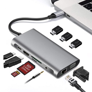 10 IN 1 อะแดปเตอร์ฮับ USB C Type C เป็น 4K HDMI OTG พร้อม VGA Thunderbolt 3 PD RJ45 Ethernet SD TF 3.5 มม. สําหรับ MacBook โน้ตบุ๊ก คอมพิวเตอร์