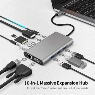ฮับ USB C 10 in 1 Type C เป็น RJ45 เชื่อมต่อสายเคเบิล VGA เป็น HDMI 4K@30HZ การ์ดรีดเดอร์อีเธอร์เน็ต SD TF ชาร์จเร็ว