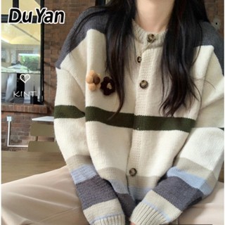 Du Yan เสื้อกันหนาว เสื้อคาร์ดิแกน ผ้าถัก ลายทาง สไตล์ฮ่องกง เรโทร สําหรับผู้หญิง