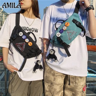 AMILA กระเป๋าสะพายข้าง แฟชั่นสไตล์เกาหลี เทรนด์สตรีทบุคลิกภาพใหม่ในกระเป๋าสะพายไหล่สไตล์ญี่ปุ่น กระเป๋ากีฬาสำหรับผู้ชาย [มีตรา]