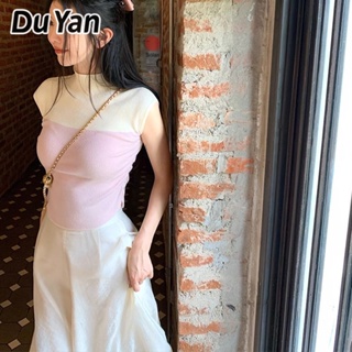 Du Yan เสื้อยืดแขนสั้น คอสูง ผ้าถัก ทรงสลิมฟิต สีคอนทราสต์ สําหรับผู้หญิง