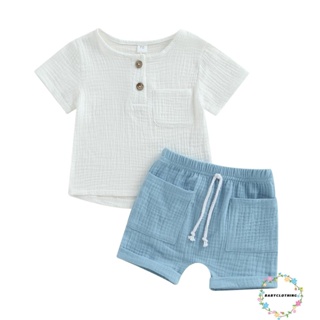 Babyclothes-2 ชิ้น เด็กทารก ฤดูร้อน ชุดแขนสั้น กระดุมลง กระเป๋าเสื้อ + กางเกงขาสั้น ชุดเสื้อผ้าเด็กวัยหัดเดิน