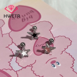 Hwetr ต่างหูสตั๊ด รูปดาวห้าแฉก สีดํา สีขาว สีชมพู แวววาว สไตล์เกาหลี เครื่องประดับแฟชั่น สําหรับผู้หญิง