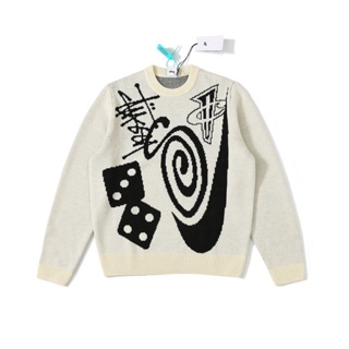 RQEJ STUSSY black 8 billiards Logo printed round neck pullover sweater retro outer wear couple ins