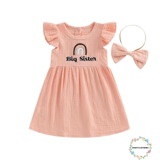 Babyclothes- ชุดเดรสลําลอง พิมพ์ลายตัวอักษร สีชมพู สีรุ้ง พร้อมที่คาดผม แฟชั่นฤดูร้อน สําหรับเด็กผู้หญิง