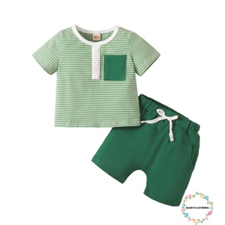 Babyclothes- ชุดเสื้อเชิ้ต แขนสั้น ลายทาง พร้อมกระเป๋า และกางเกงขาสั้น ยืดหยุ่น สําหรับเด็กผู้ชาย