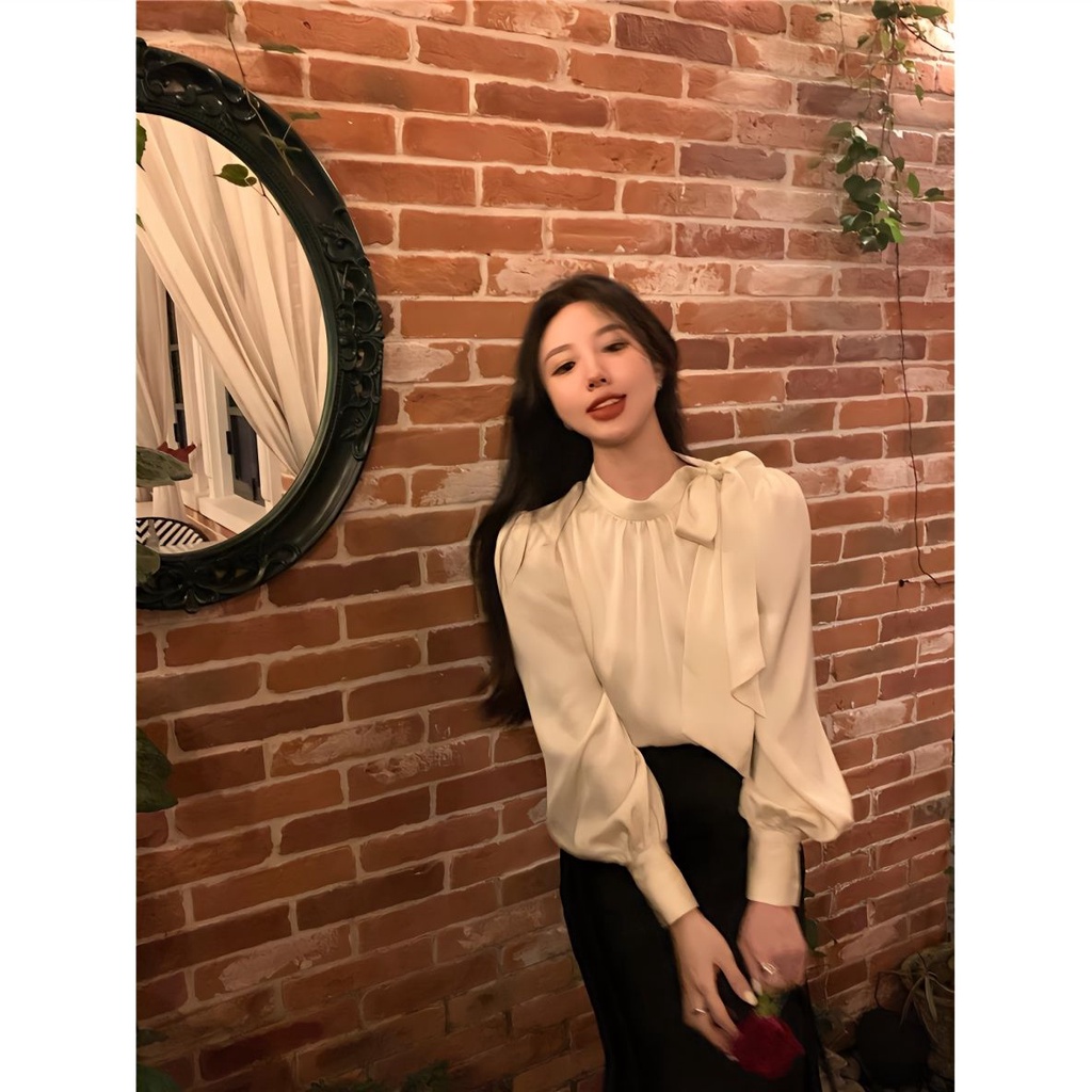 เสื้อเชิ้ตแขนยาว-ประดับโบว์-สไตล์ฝรั่งเศส