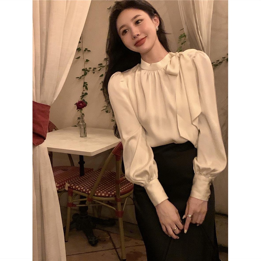 เสื้อเชิ้ตแขนยาว-ประดับโบว์-สไตล์ฝรั่งเศส