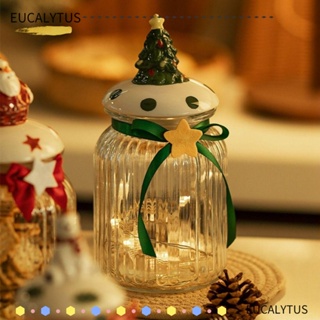 Eutus โหลแก้วใส่ขนม คุกกี้ ช็อคโกแลต ลายซานตาคลอส สีแดง พร้อมฝาปิด แบบพกพา ของขวัญปีคริสต์มาส