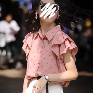 เสื้อเชิ้ตแขนพอง ลายจุด ขนาดเล็ก เข้ากับทุกการแต่งกาย แฟชั่นฤดูร้อน สไตล์ฮ่องกง สําหรับผู้หญิง 2023