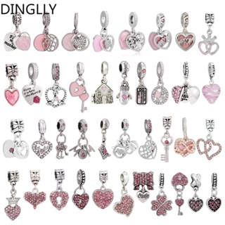 Dinglly จี้รูปหัวใจ โลหะผสม สีเงิน เคลือบและพลอยเทียม สีชมพู สําหรับทําเครื่องประดับ Diy