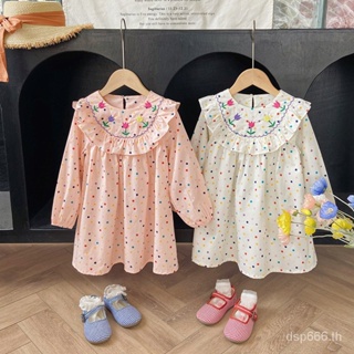 Korean childrens clothing colorful polka dot Tulip embroidered girls dress 2023 autumn flounced long sleeve childrens dress VI6M