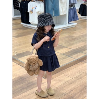 Korean childrens clothing 2023 Summer girls new soft denim skirt college style short sleeve top children pleated skirt set SRWZ